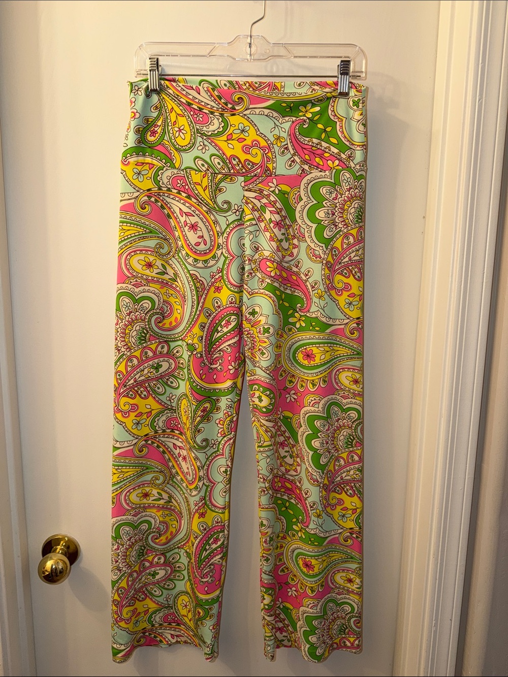 Julie Brown New York Paisley Print Stretch Knit Pants in Pink Green Yellow Sz L